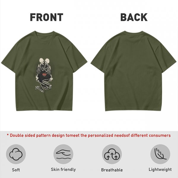 Olive T-Shirt With Skeleton Couple Embracing Red Heart Print