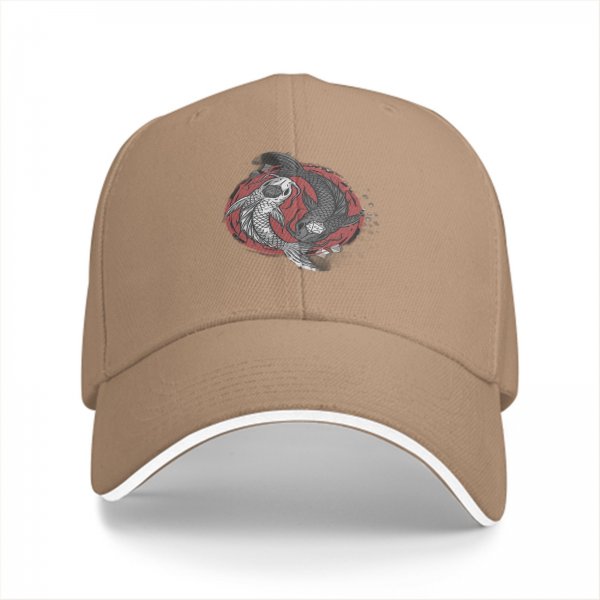 Black Baseball Cap With Yin Yang Koi Fish Red Circle Artwork
