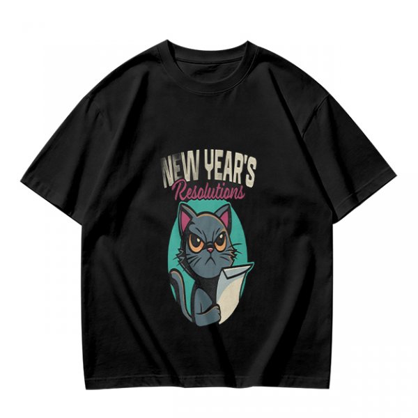 Olive green graphic t-shirt with grumpy cat holding New Year's resolutions