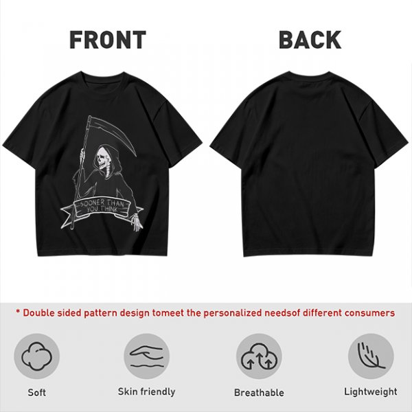 Olive Grim Reaper Graphic T-Shirt With Sooner Than You Think Text