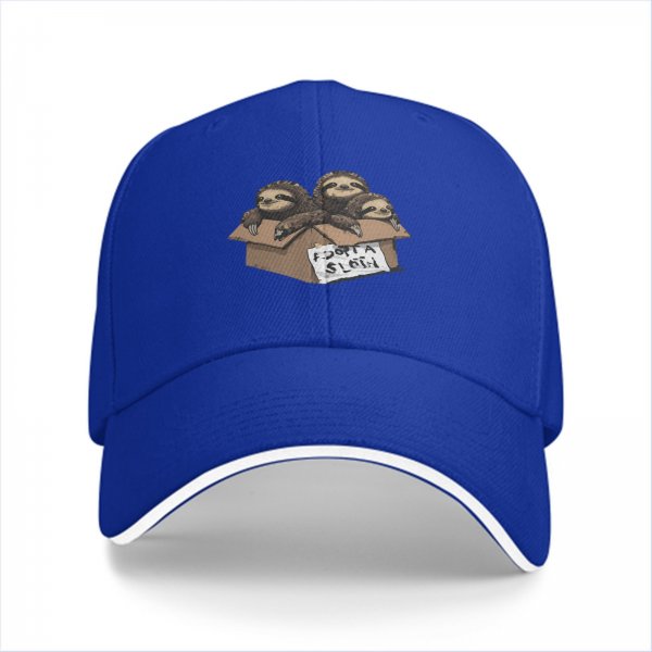 Black baseball cap with three sloths in a box that says adopt a sloth