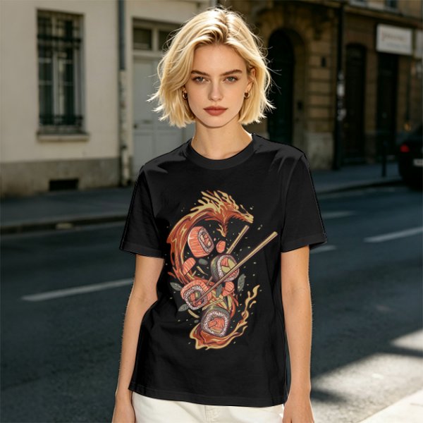 Olive T-shirt with Sushi Dragon Chopstick Art Print