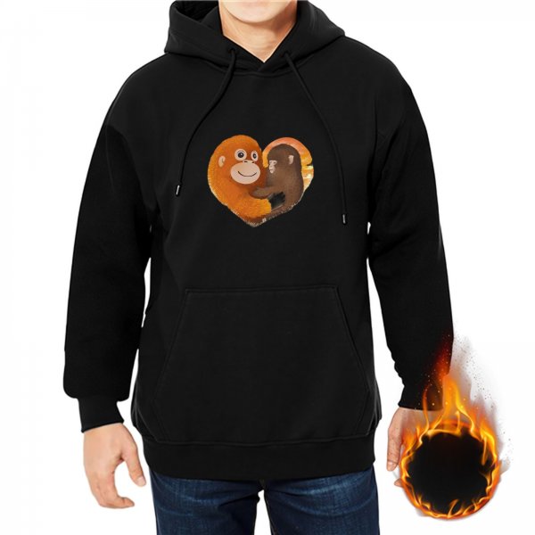 Black hoodie with hugging monkeys inside a heart graphic