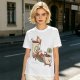 Olive green graphic tee with a sloth relaxing between anthropomorphic coffee mugs