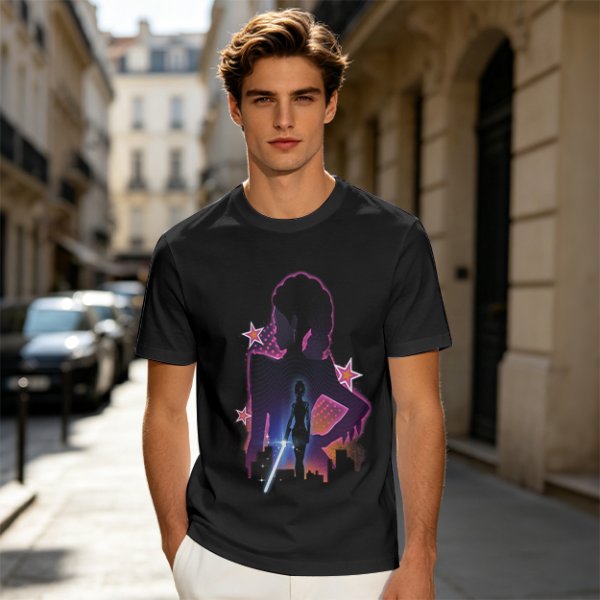 Olive t-shirt with neon star wars style female silhouette print