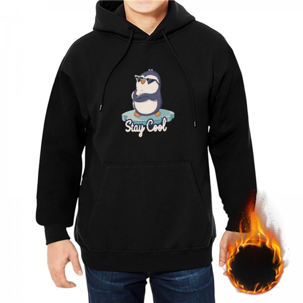 Black hoodie with a cool penguin graphic and 'Stay Cool' text