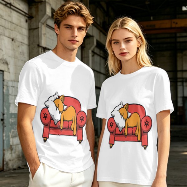 Olive green t-shirt with a sleeping orange cat on a red armchair print