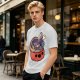 Halloween pumpkin ramen bowl with cute monster graphic t-shirt
