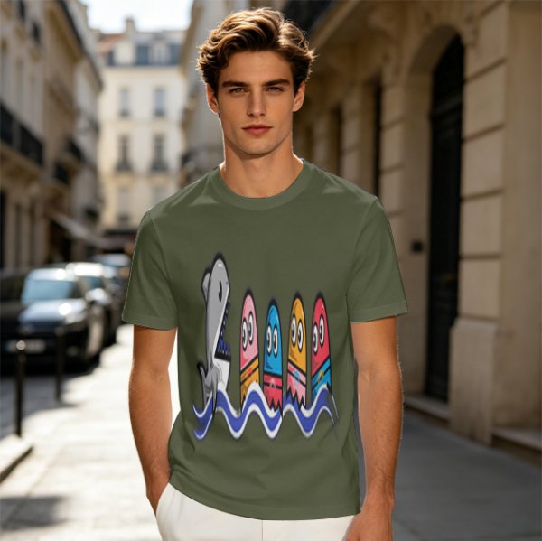 Olive T-Shirt With Shark And Colorful Ghost Creatures Print