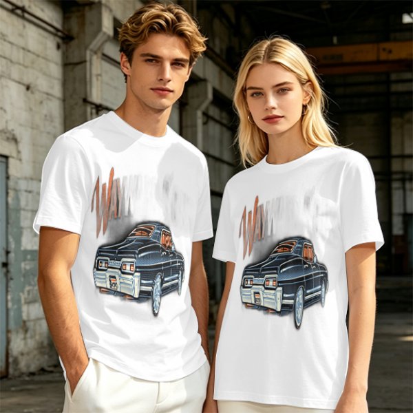 Olive Green Graphic T-Shirt with Classic Dark Car and Orange Text Print