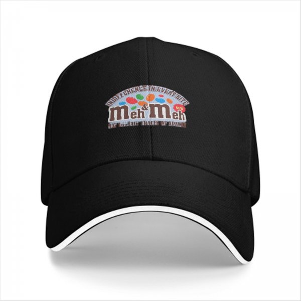 Black baseball cap with 'meh & meh' novelty candy parody design