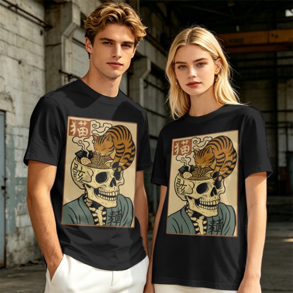 Olive t-shirt with a skull ramen bowl and a napping tabby cat print
