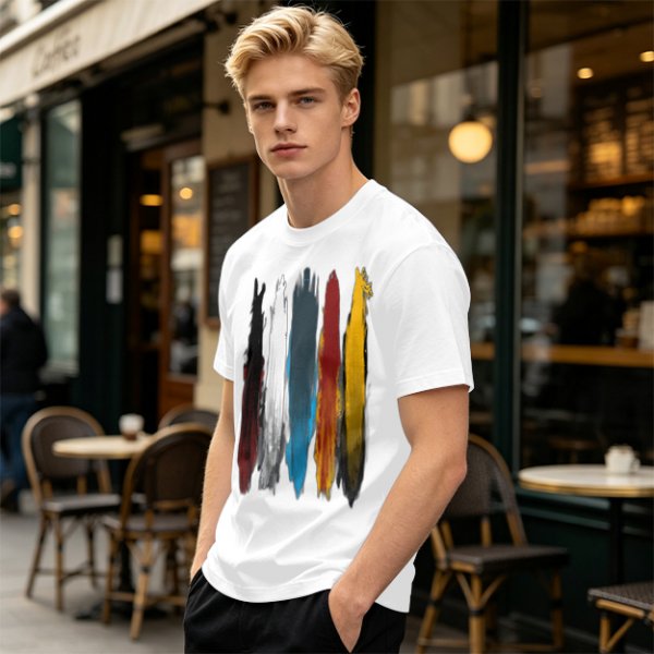 Olive Green T-Shirt With Vertical Colorful Brushstroke Figure Art