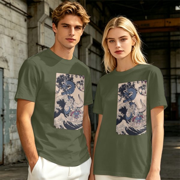 Olive T-Shirt with Japanese Ukiyo-e Dragon and Wave Print