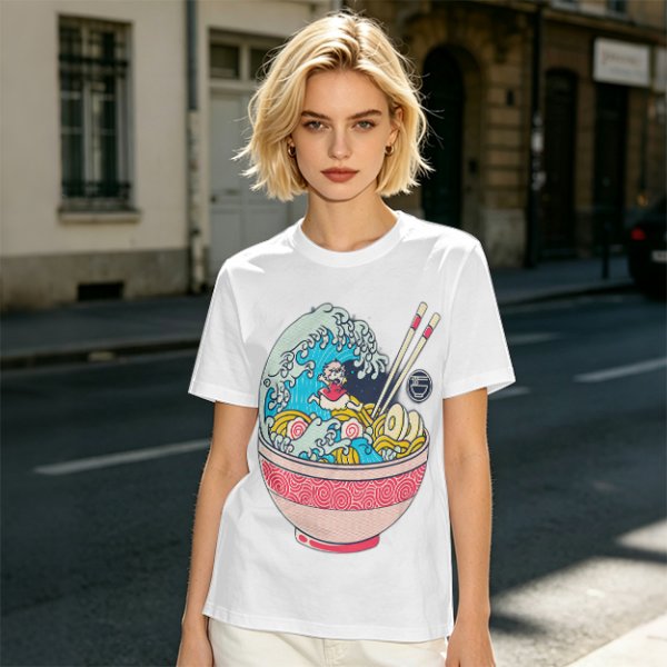 Olive T-shirt with Great Wave Ramen Bowl Graphic Design