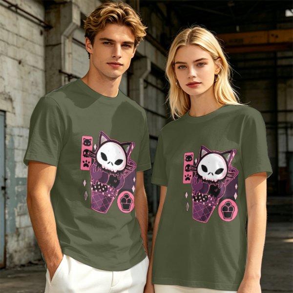 Olive T-Shirt with Skull Cat Ice Cream Graphic Print