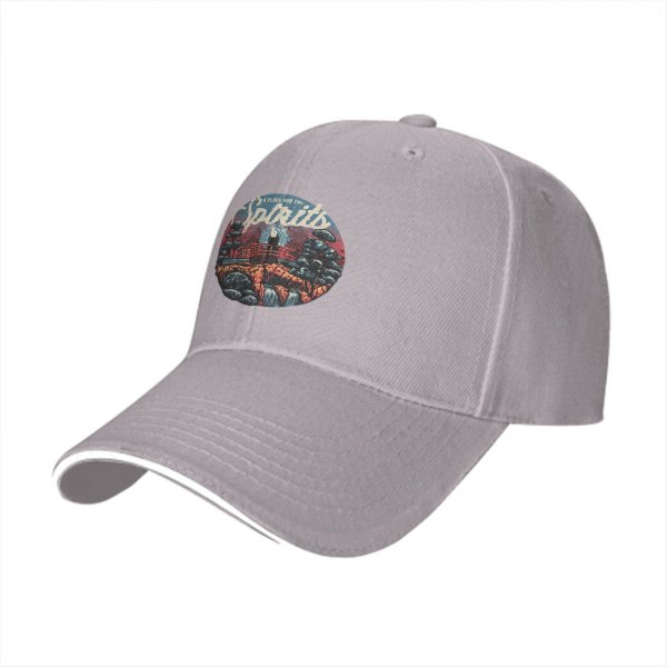 Black baseball cap with 'A Place for the Spirits' nature landscape graphic