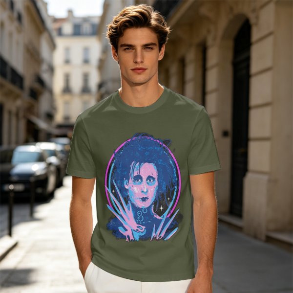Olive T-Shirt With Neon Edward Scissorhands Portrait Print