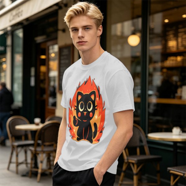 Olive T-Shirt With Cute Black Cat Thumbs Up On Flames Graphic