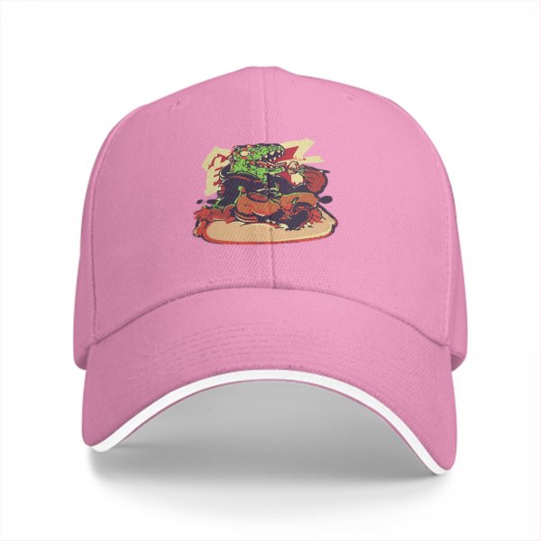 Black baseball cap with monster dinosaur eating pizza graphic