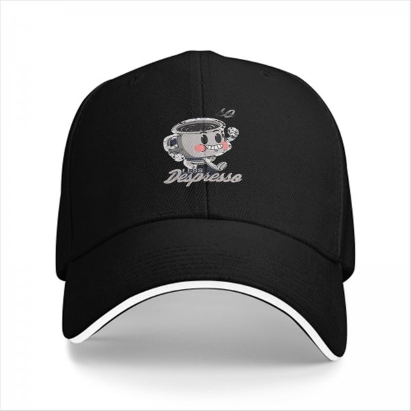 Black baseball cap with 'No Less Despresso' coffee cup graphic
