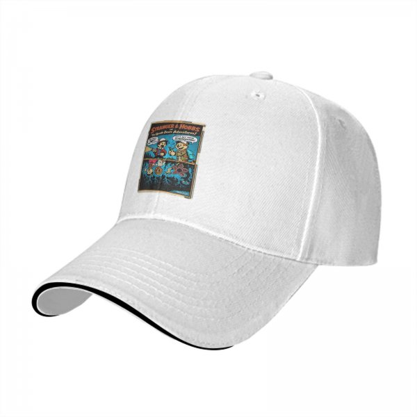Black baseball cap with Stranger & Hobbs Upside Down Adventures graphic