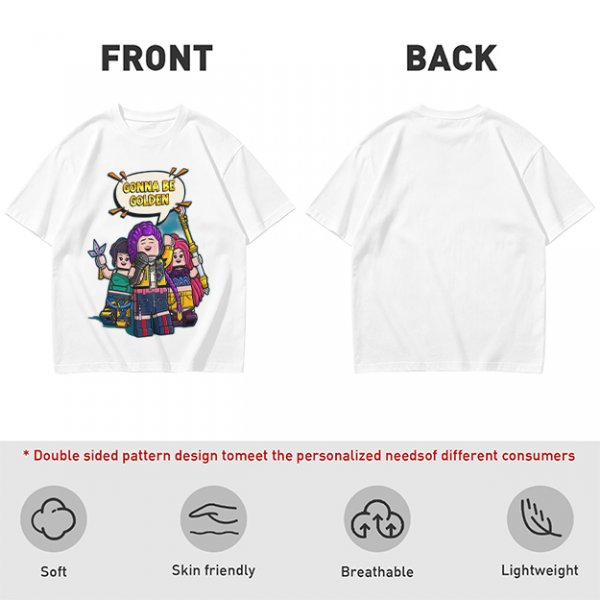 Olive T-shirt with Lego-style characters and 'Gonna Be Golden' print