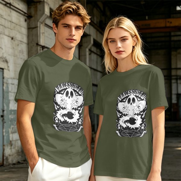 Olive T-shirt with Ghost and Occult Graphic Print