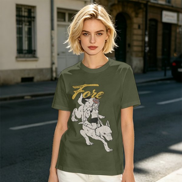 Olive graphic t-shirt with wolf rider and 'Fore' text print