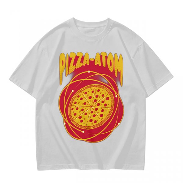 Olive green graphic t-shirt with pizza atom design