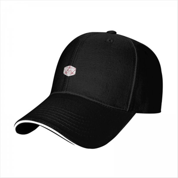 Black Baseball Cap With Small D20 Dice Graphic On Front
