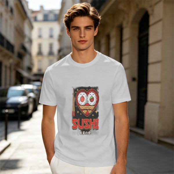 Olive T-Shirt With Cute Sushi Heart Graphic That Says I Love Sushi