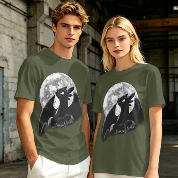 Olive T-Shirt Featuring Toothless Dragon Against Full Moon