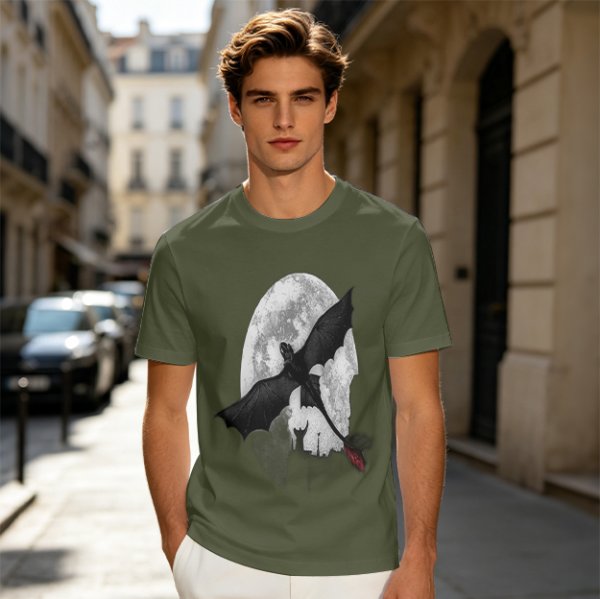 Olive T-Shirt Featuring Night Fury Dragon Flying In Front Of Full Moon