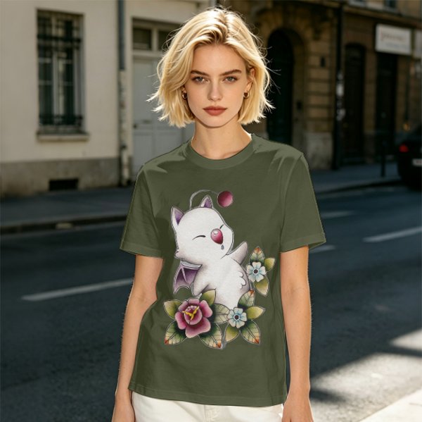 Olive T-Shirt Featuring Cute Fantasy Creature and Floral Art