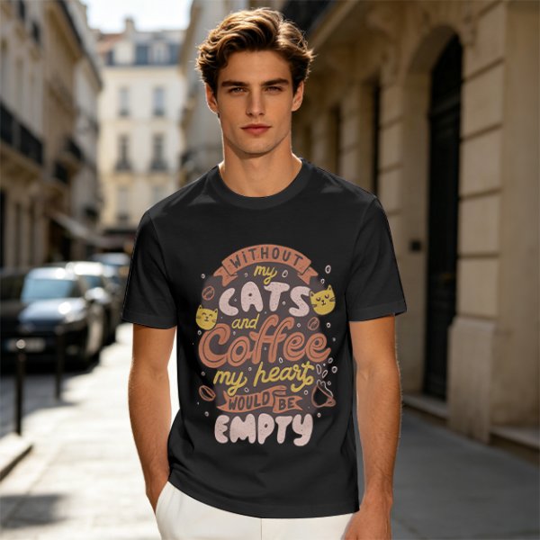 Olive graphic t-shirt with cats and coffee heart quote
