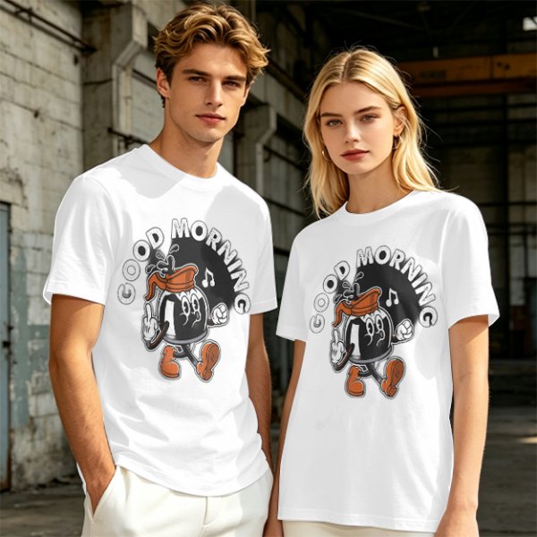 Olive t-shirt with retro coffee pot cartoon and Good Morning text