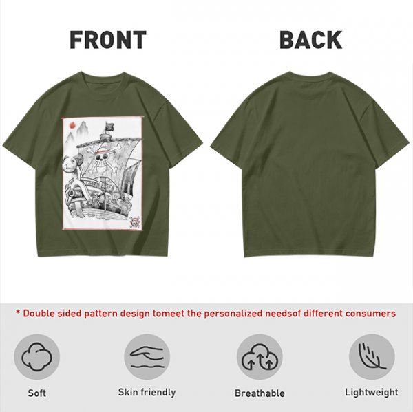 Olive T-shirt with Straw Hat Pirate Ship Art Print