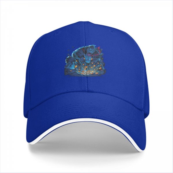 Black baseball cap with blue fantasy character explosion graphic
