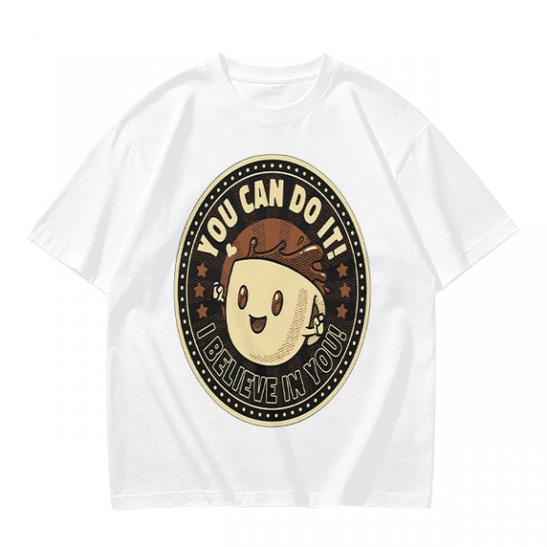 Olive green t-shirt with encouraging coffee character graphic and motivational text
