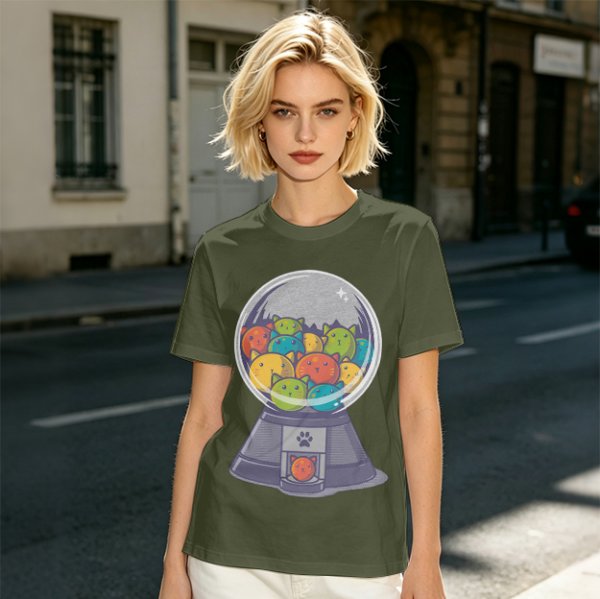 Olive T-Shirt With Cat Gumball Machine Artwork