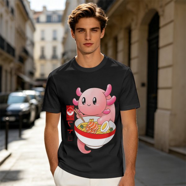 Olive T-Shirt Featuring a Cute Pink Axolotl Eating Ramen