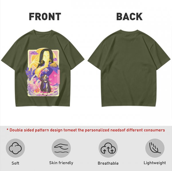 Oriental anime character graphic olive green casual t-shirt