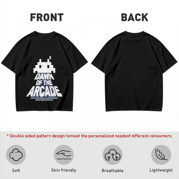 Olive T-Shirt with Retro Arcade Space Invader Graphic and Dawn of the Arcade Text