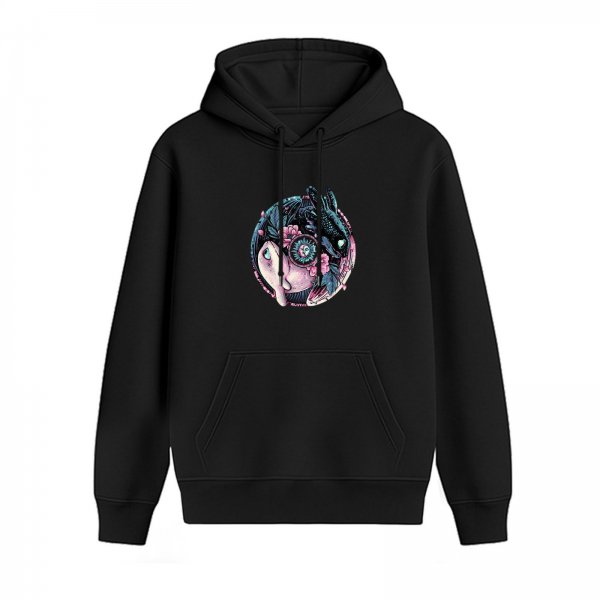 Black Hoodie With Yin Yang Dragon Floral Graphic Print