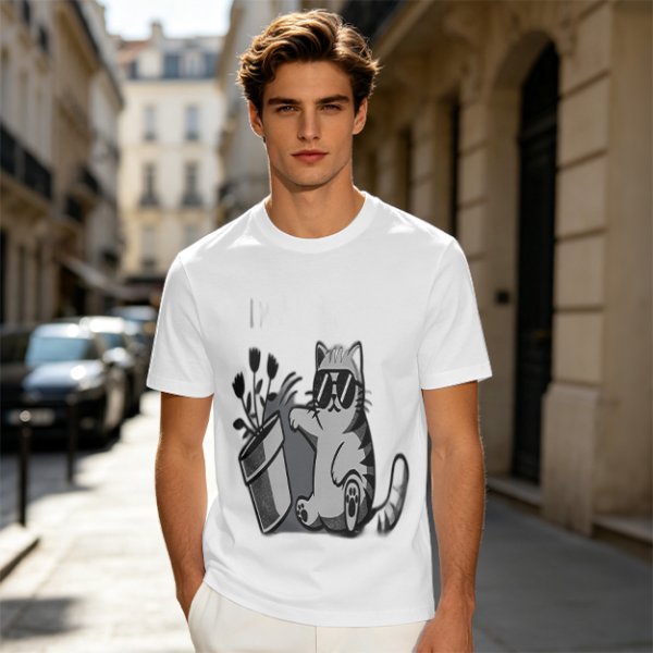 Olive T-Shirt With Cool Cat Wearing Sunglasses Knocking Over Potted Plant