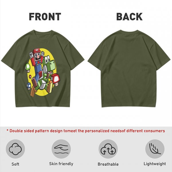 Olive T-shirt with Block Style Mario Riding Yoshi and Mushroom Graphics