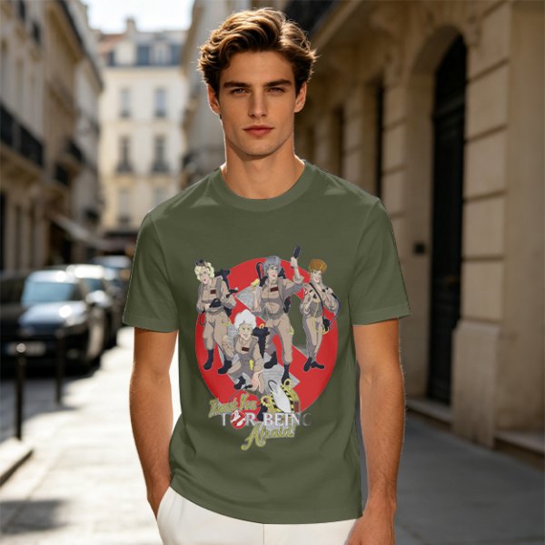 Olive T-shirt with Ghostbusters parody female character graphic print