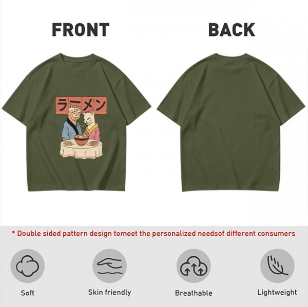 Olive T-Shirt With Cats Eating Ramen Japanese Art Print