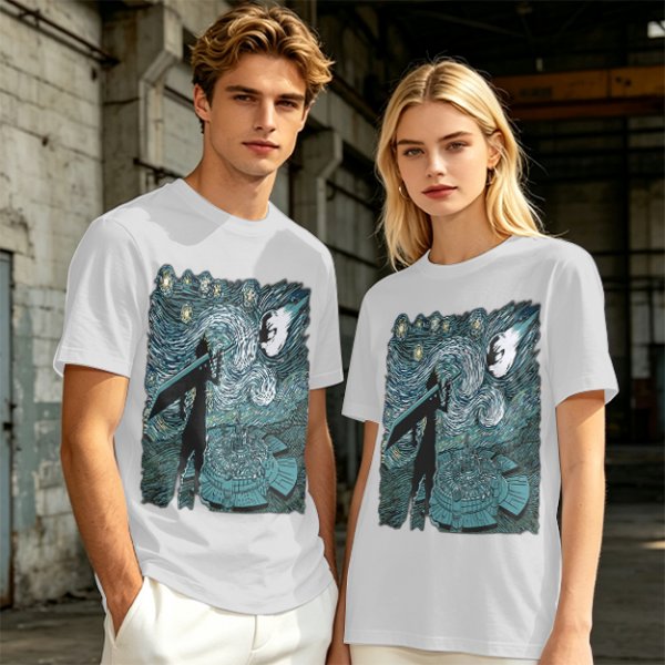 Olive T-shirt with Starry Night Style Fantasy Warrior Print